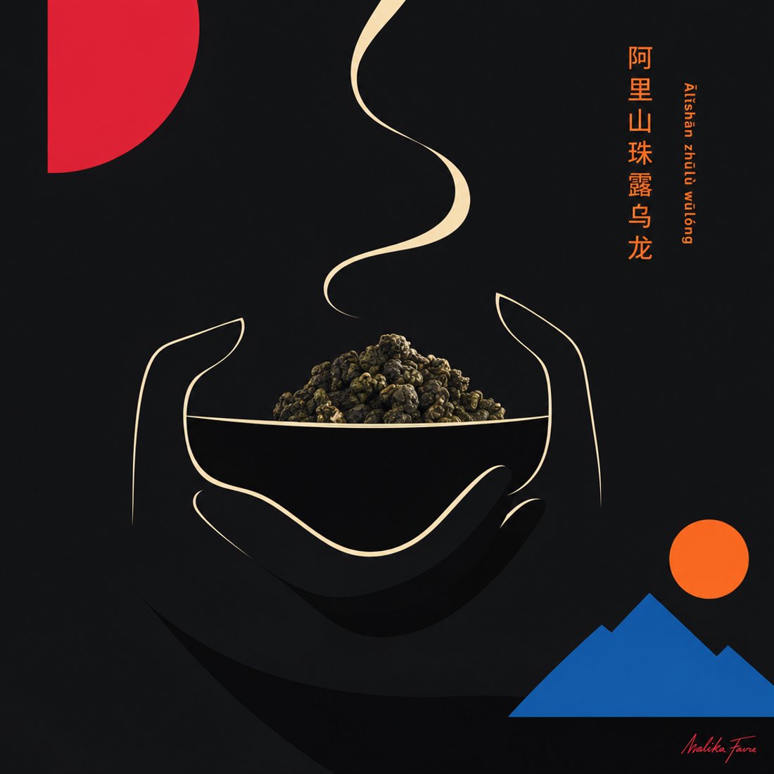 Cream contour hands holding a bowl of toasted buckwheat on black, with red and blue quarter-circles in the corners