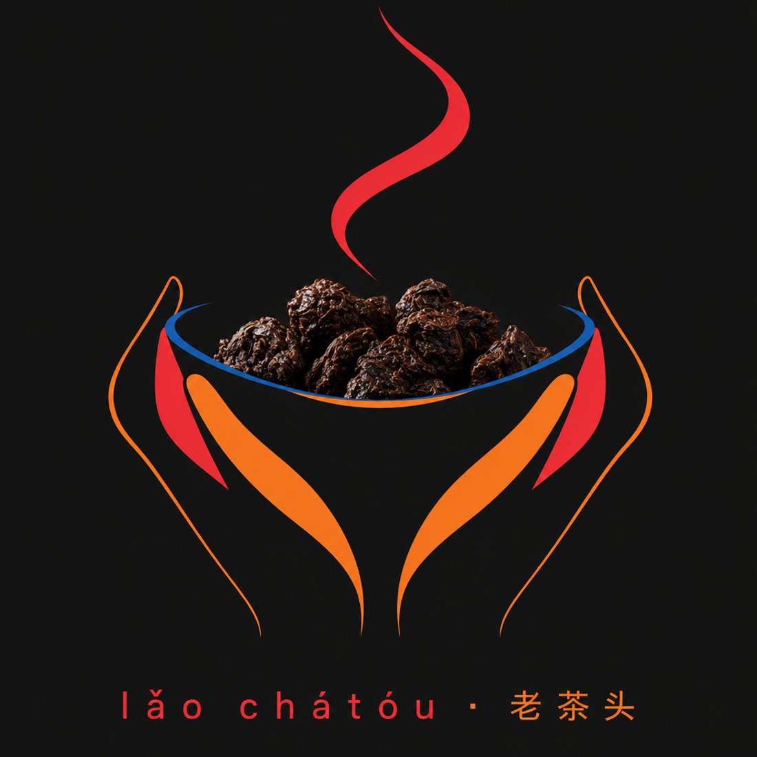 Cream contour hands holding a bowl of toasted buckwheat on black, with red and blue quarter-circles in the corners
